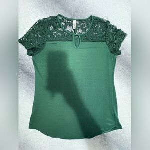 PerSeption Concept Hunter Green Lace Comfy Dainty Top Blouse Shirt Small S